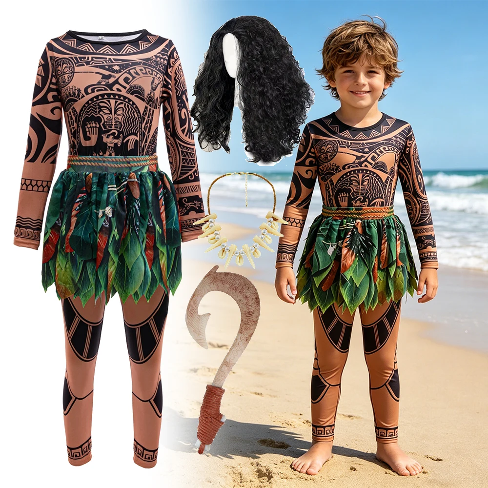 Kids Boys Island Tribal Fancy Dress Bodysuit With Fish Hook Prop For Halloween Carnival Theme Party Role Play