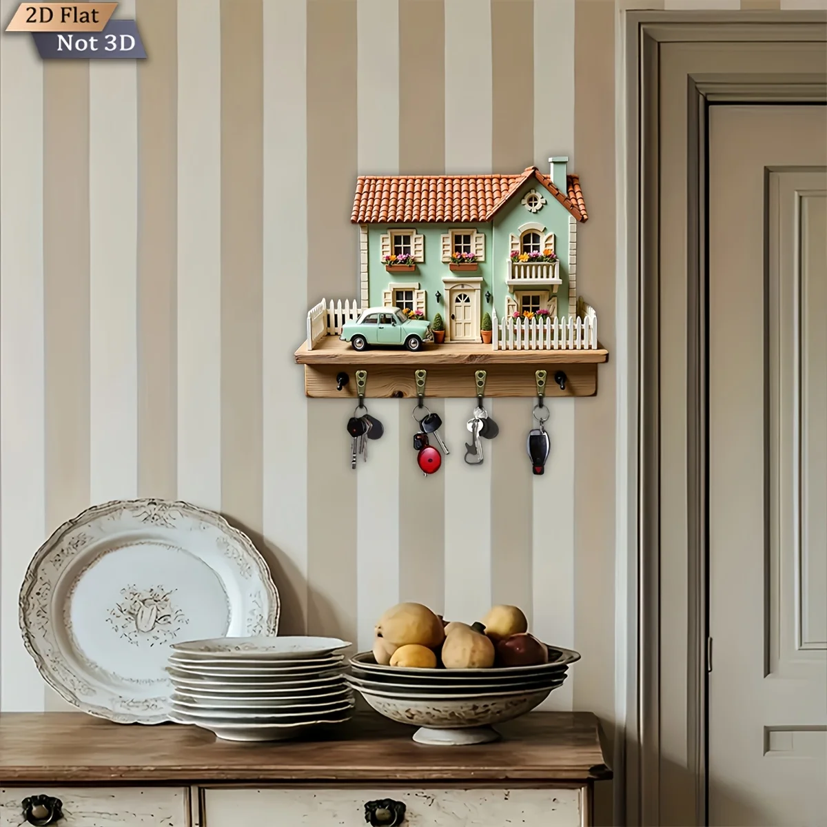 2D Flat, 1pc, Fresh Countryside Town Theme Style Key Hook, Wooden Multifunctional Home Key Holder, with Four Metal Hooks, Wall