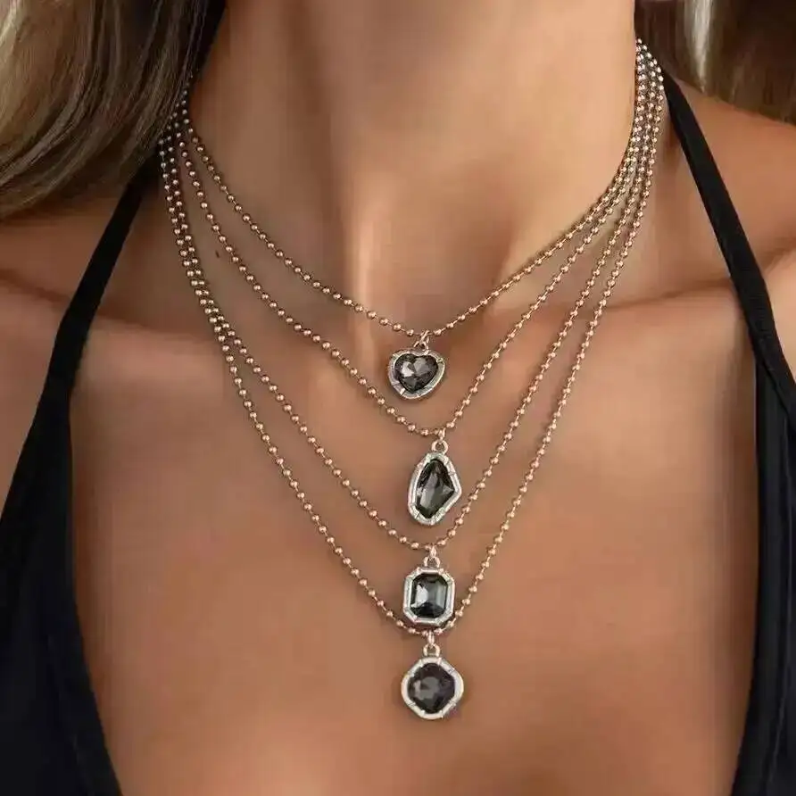 SHIXIN 4Pcs/Set Vintage New Multilayer Square Acrylic Pendant Necklace Women Men Simple Rhinestone Chain Necklaces Party Jewelry