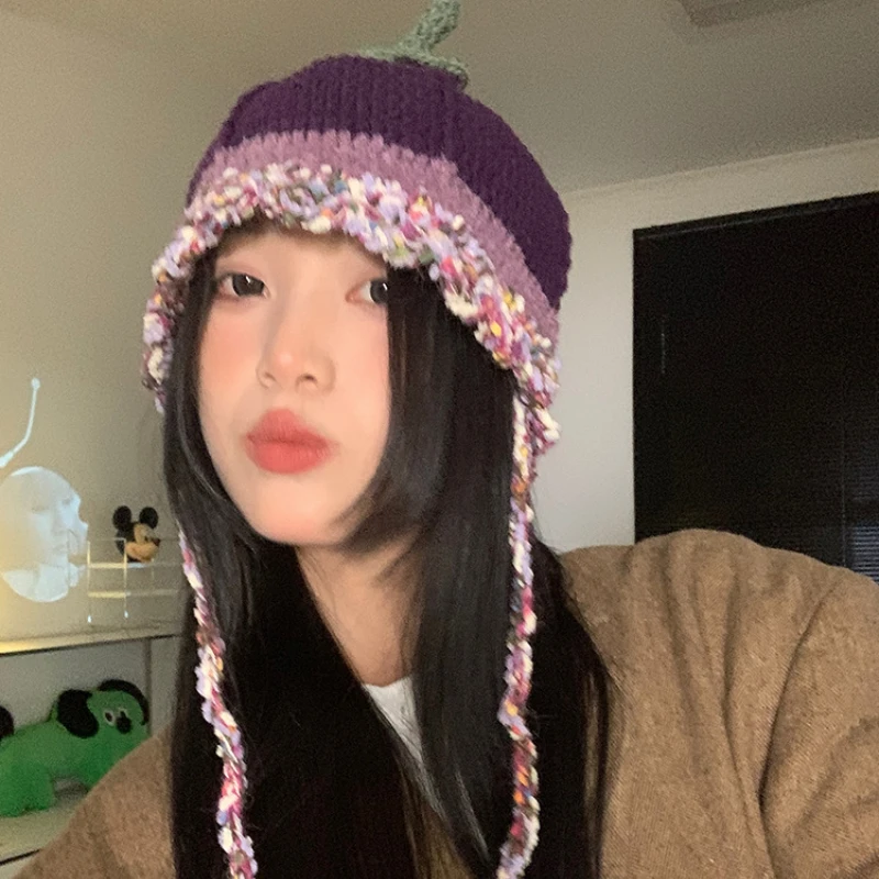 Cute Eggplant Handwoven Knitted Hat for Women Girls Fashion Funny Beanies Winter Warm Ear Protection Cold Hat Skullies Beanies