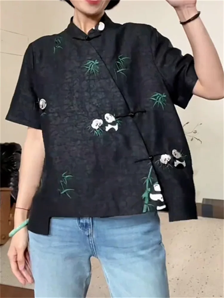 

Новая женская шелковая блузка в китайском стиле с вышивкой, воротником-панда, для весны и осени, модное ципао, дышащая, для повседневной носки