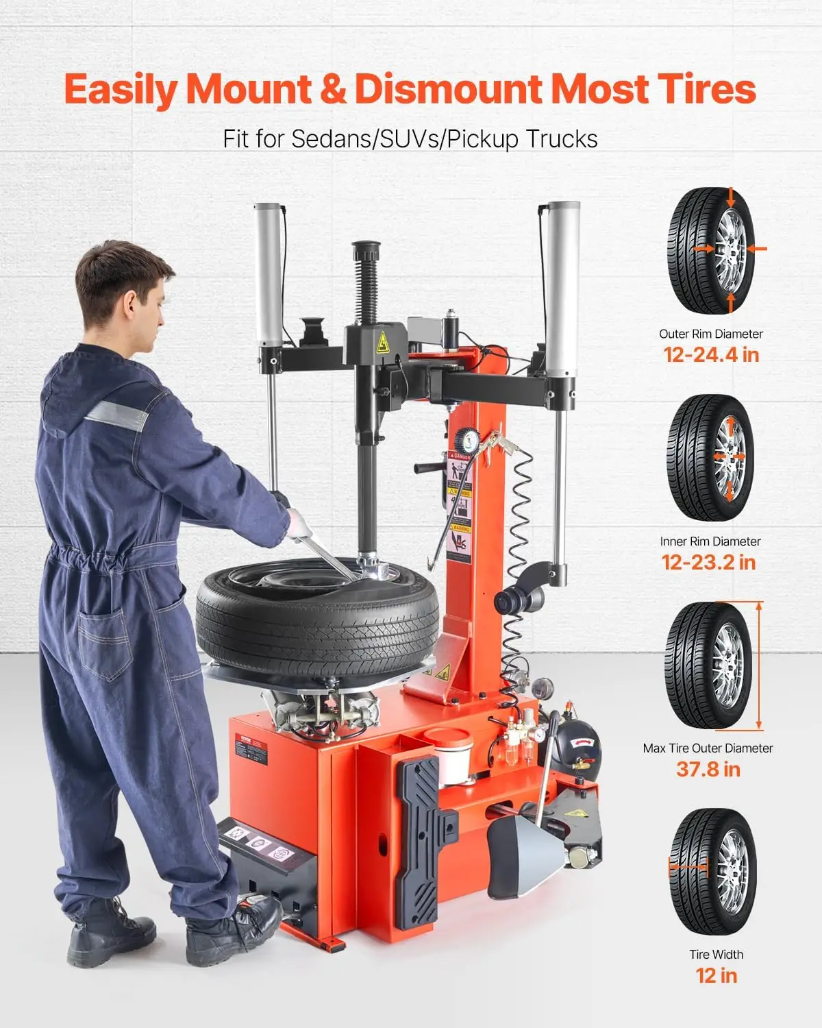 VEVOR Tire Changer Machine, 2.0HP Copper Motor, Durable Tire Changer with Air Pressure Gauge & Pneumatic Assist Arm, Pedal Opera
