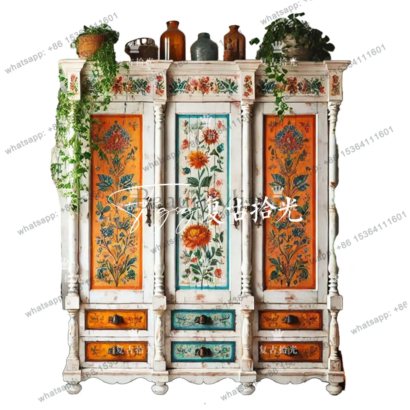 French retro style painted flower pattern three-door wardrobe, white old independent wardrobe