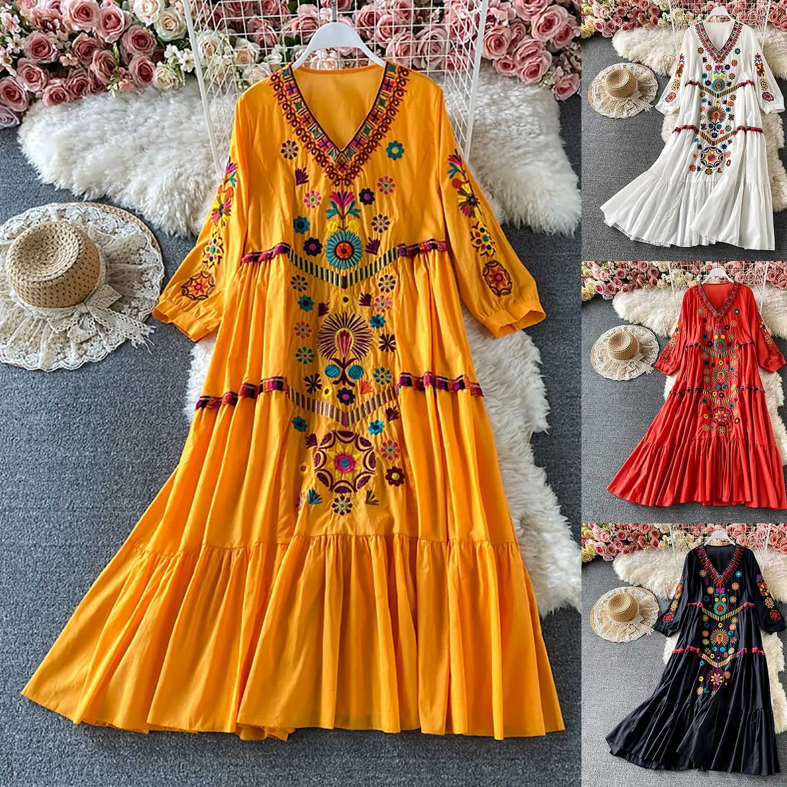 Womens Floral Embroidery Dress Summer V-Neck Half Sleeved Loose Maxi Dress Female Casual Bohemian Pleated Dresses Vestidos