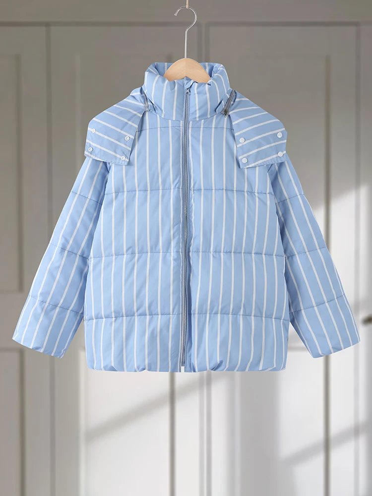 

2025 Winter Casual Lady Quilted Outwear Warm Striped Hooded Cotton Jacket Women Loose Long Sleeve Zipper Thicken Padded Coat