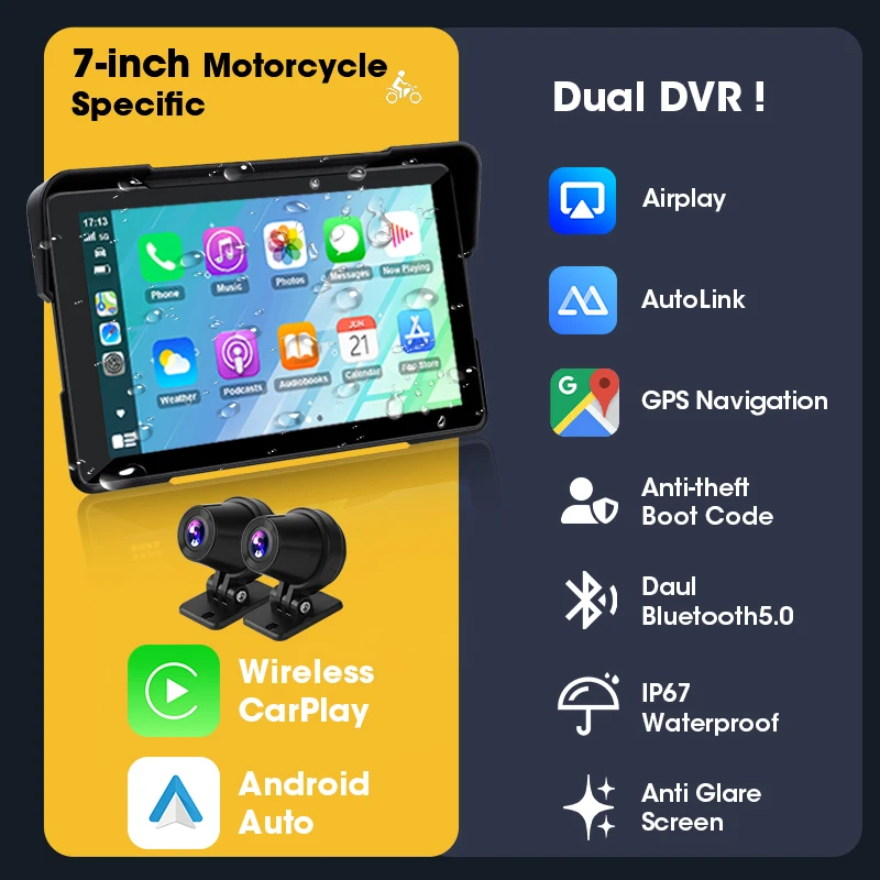 Vtopek 5 "/7" inch Motorfiets DVR GPS Navigatie Multimedia Speler Draadloze CarPlay Android Auto IPX7 Waterdichte Scherm Recorder