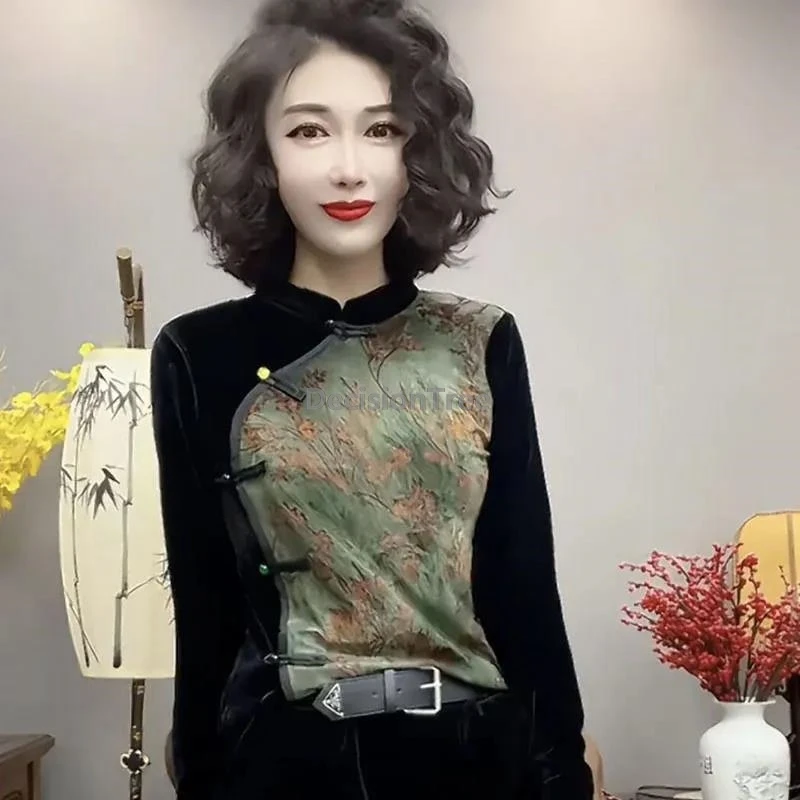 

2021, блузка с длинными рукавами, облегающий бархатный лоскутный топ, новый топ Ципао в китайском стиле, винтажный женский топ с пряжкой и воротником-стойкой