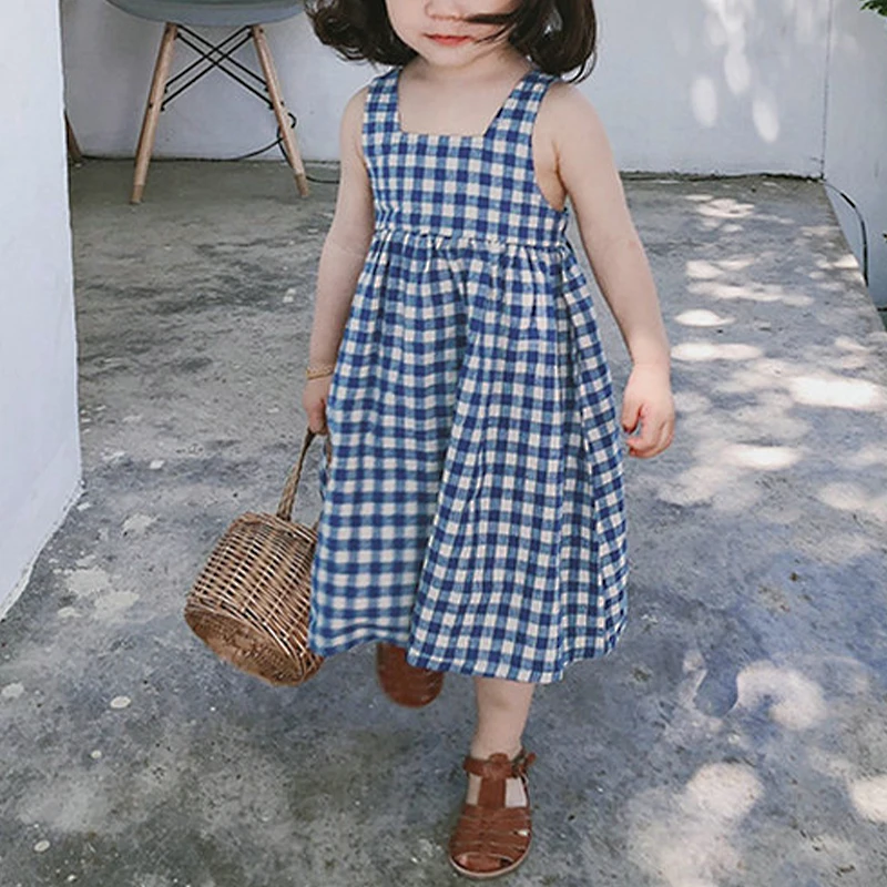 Girls Korean Blue Plaid Dress Summer New Cotton And Linen Children\'s Cute Bow Tie Sleeveless Halter Suspenders Dresses