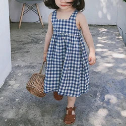 Girls Korean Blue Plaid Dress Summer New Cotton And Linen Children's Cute Bow Tie Sleeveless Halter Suspenders Dresses