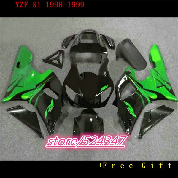 Nn-Cheap Custom  plastic motorcycle  fairings kit for  1998 1999 YZFR1 YZF R1 98 99 black green fairing kits for Yamaha