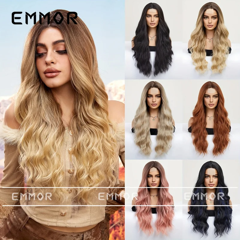 

Frontal lace multi-color middle-parted large wavy long curly hair fashion wig full head hairstyle