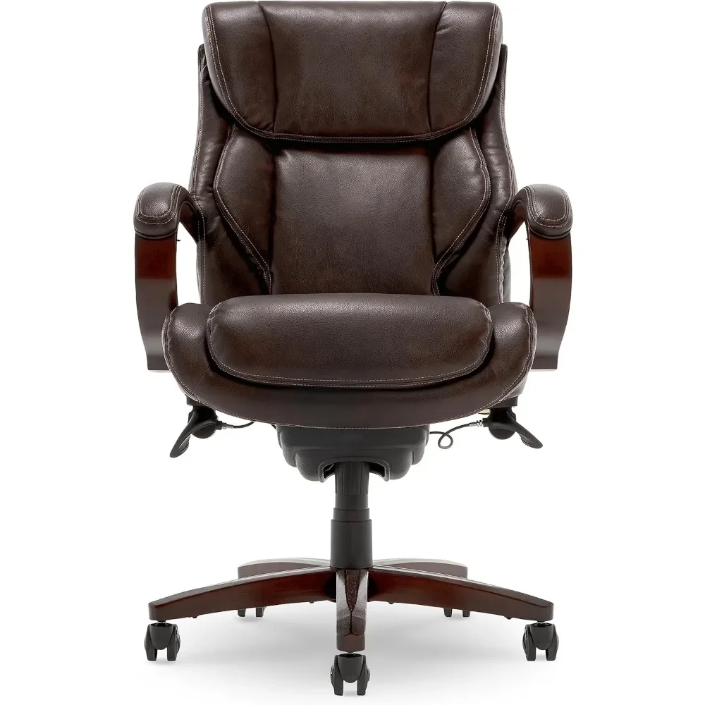 Bellamy Executive Office Chair with Memory Foam Cushions, Solid Wood Arms and Base, Waterfall Seat Edge, Bonded Leather, Brown