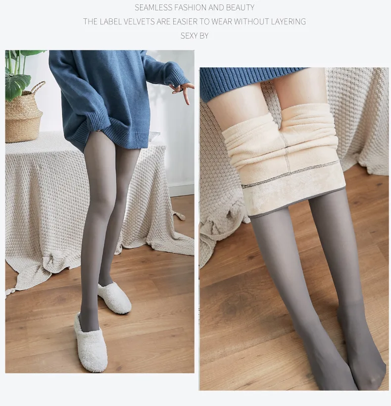Legging Hangat Musim Dingin Wanita Celana Ketat Bulu Tembus Pandang Celana Kaus Kaki Wol Termal Wanita Stoking Pinggang Tinggi Seksi Elastis
