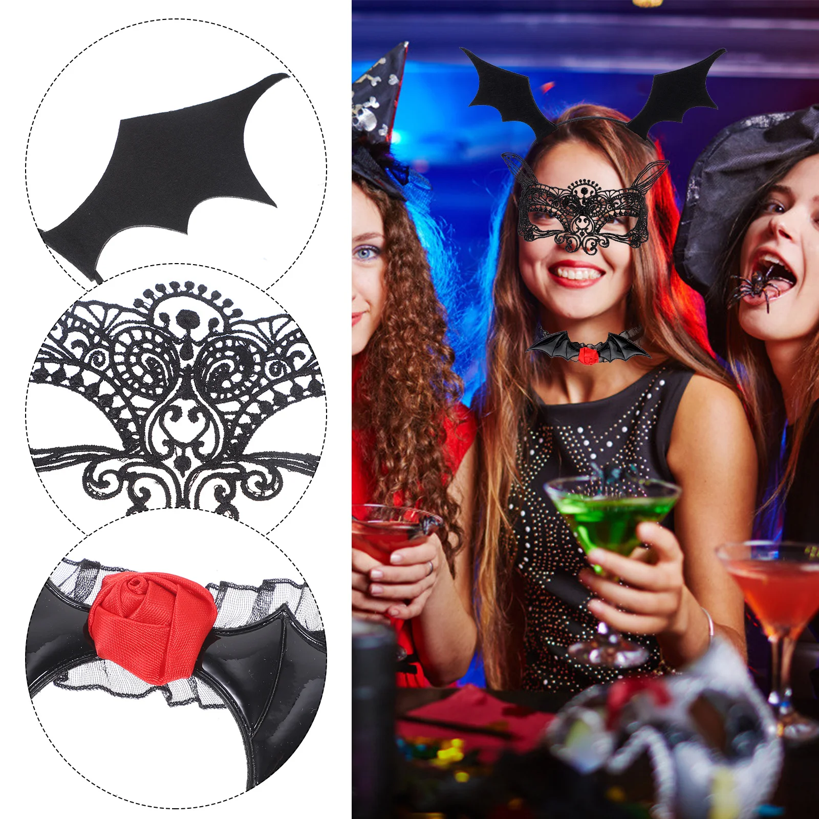 

1 комплект, повязка для волос с летучей мышью на Хэллоуин, кружевная маска для глаз, кружевное колье, аксессуары для костюма, маскарадная вечеринка, косплей, фестиваль, маскарадная маска