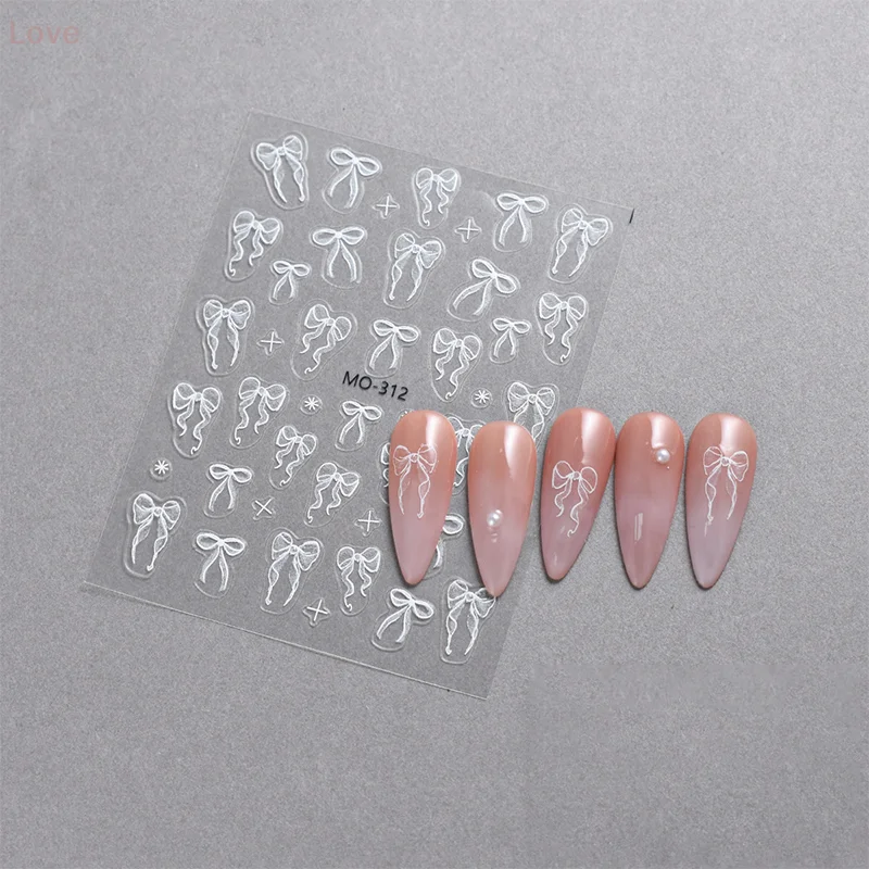 [L & P] مسمار ملصق الشريط القوس الأبيض ثلاثية الأبعاد رقيقة لتقوم بها بنفسك مسمار ملصقات فنية الديكور الوردي القوس نمط مانيكير ذاتية اللصق مسمار الشارات