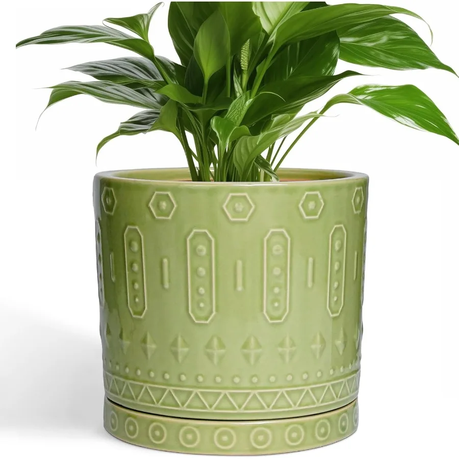 

8 Inch Plant Pots Ceramic Planter for Indoor Plants Outdoor Round Ceramic Flower Pots with Drainage Hole and Saucer Boho Drativ