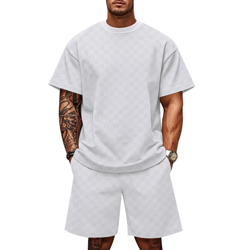 New For Man Summer Jacquard PJlaid Short Sleeve T-shirt Fashion Sports Set Breathable T-shirt + Shorts Sports Two-piece Set