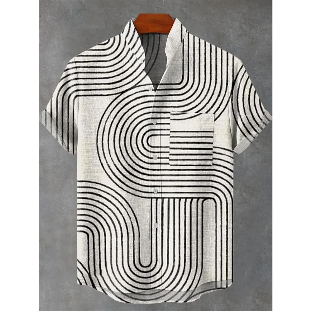 

Vintage Abstract Geometry Stripe 3D Flower Print Pattern Men's Short Sleeve Shirt Hawaiian Style Shirt Men's Loose Casual Shirt