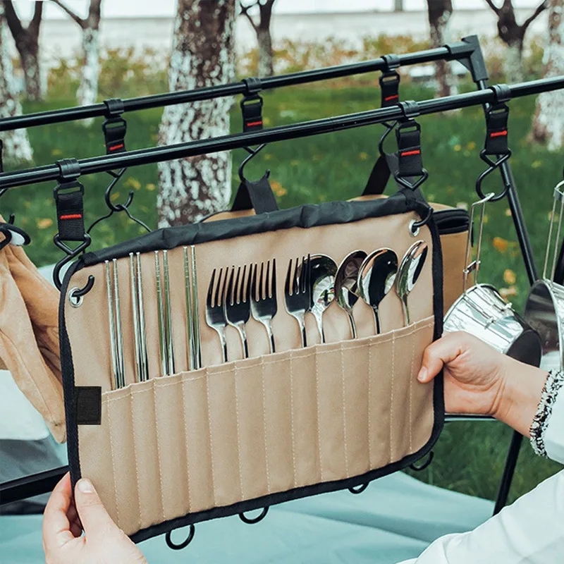 Outdoor Camping Utensil Storage Bag Waterproof Durable Large Capacity Stainless Steel Kitchenware Hanging Bag