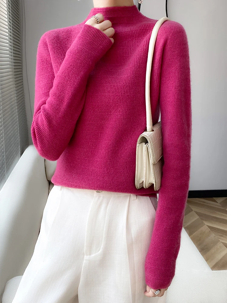 

New Women's Mock Neck Pullover 100% Merino Wool Knitted Sweater Long Sleeve Fashion Warm Soft Autumn Winter Clothing Tops