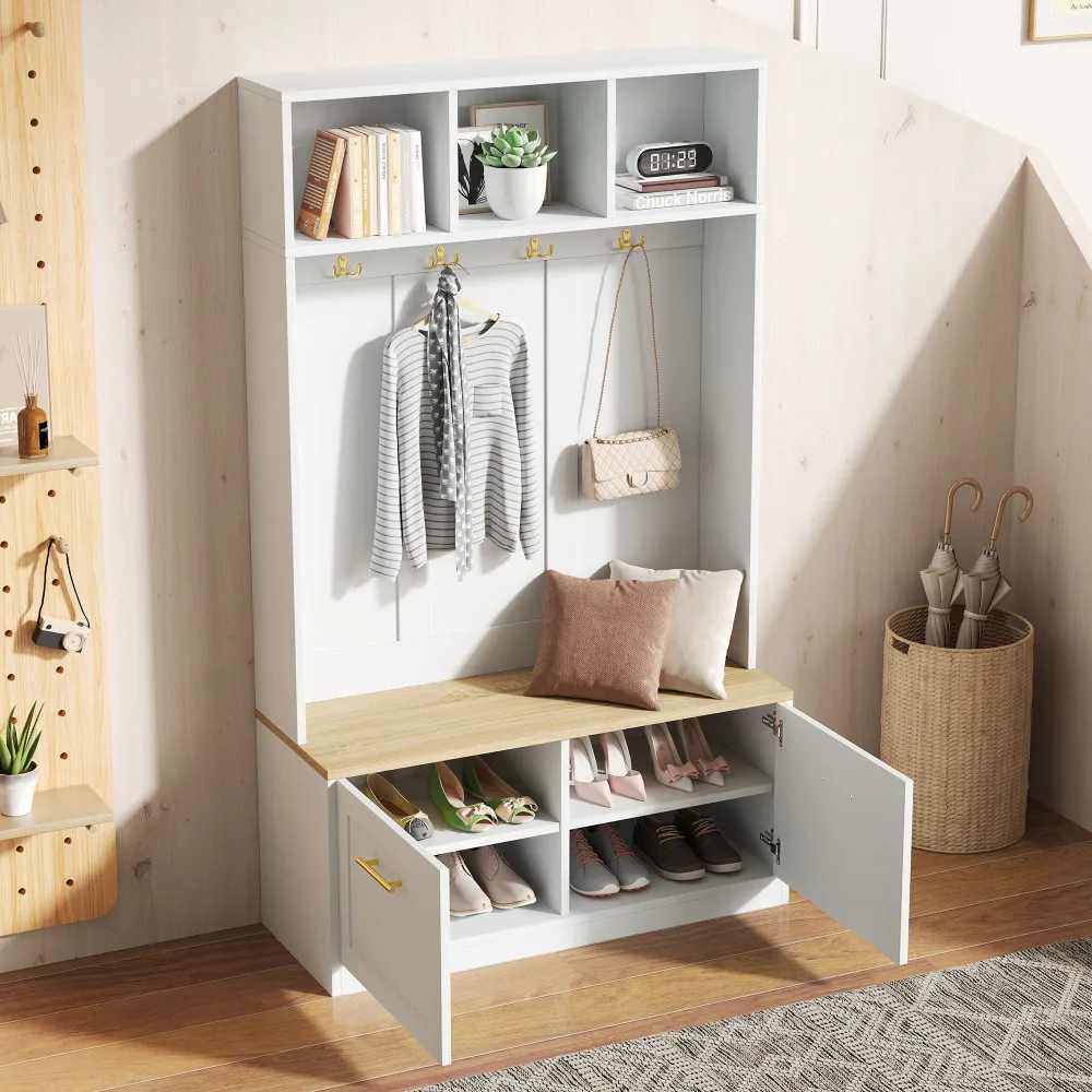 PINGGO Naturweißes Kompaktes Kleiderschrank-Set mit Sitzbank 2 Türen Offene Aufbewahrung 4 Haken 105x40x180cm – Detail 9