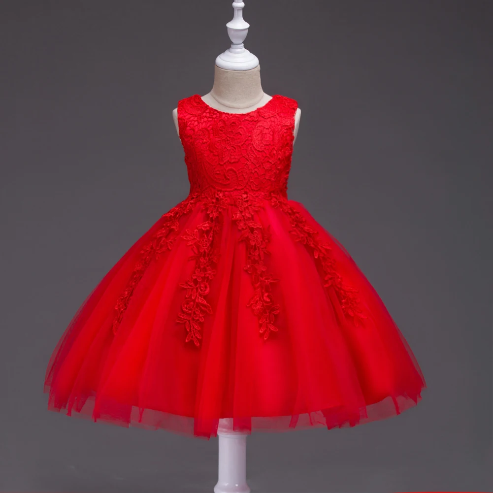 Robe de princesse en dentelle brodée pour enfants, sans manches, à fleurs, jupe bouffante, automne et hiver