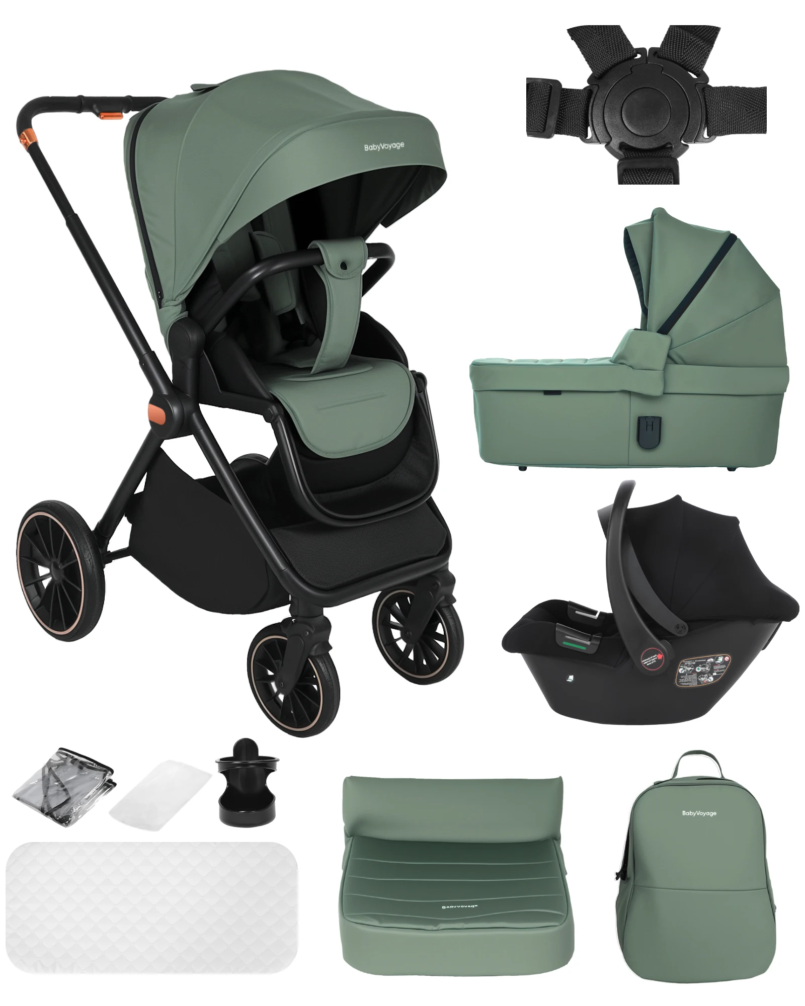 BabyVoyage 3-in-1 Kinderwagen-Reisesystem mit Autositz & Babywanne, umkehrbarer Hochlandschafts-Kinderwagen, faltbar, für Neugeborene mit Zubehör, Pink, Grün, Schwarz