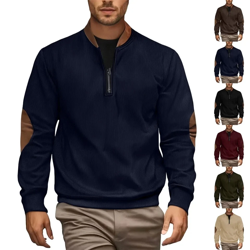 

Men Half Zip Leather Patch Elbow Patch Casual Multi Color Options Trendy Hoodie Autumn Winter Wear Stock Fast Shipping