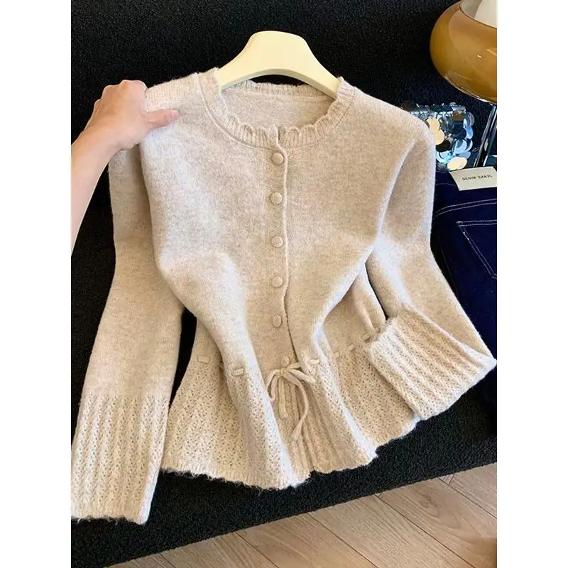 

Drawstring Ruffle Edge Design Korean Knitted Sweater Women Long Sleeve O-neck Single Breasted Slim Casual Office Lady Cardigans