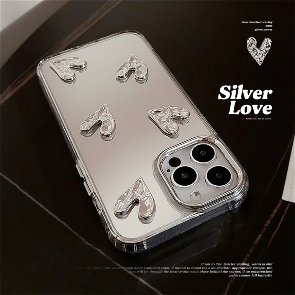 Luxury Design Glitter 3D Pleated Love Heart Mirror Phone Case For iPhone 16 15 14 13 Pro Max 12 Pro 11 Plating Shockproof Cover