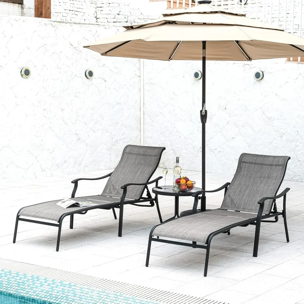 

Set 3 Pieces, with Glass Coffee Table,Pool lounge chair with Breathable Textilene Fabric, chaise lounge (Gray)