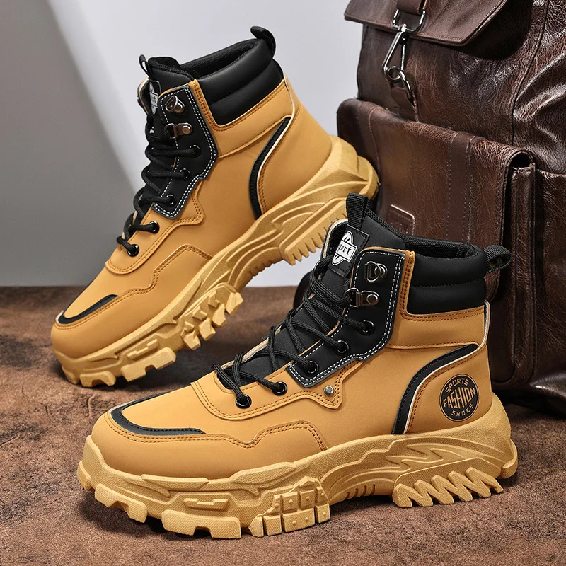 

High Quanlity Leather Men Ankle Boots Winter Outdoor Casual Shoes No-slip High Top Work Boots Breathable Walking Hiking Shoes