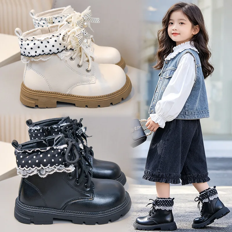 Girls's Fashionable Lace Bow Boots 2026 Autumn/Winter New Arrival Single Boot Princess Leather Shoes Soft Bottom Black Shoes