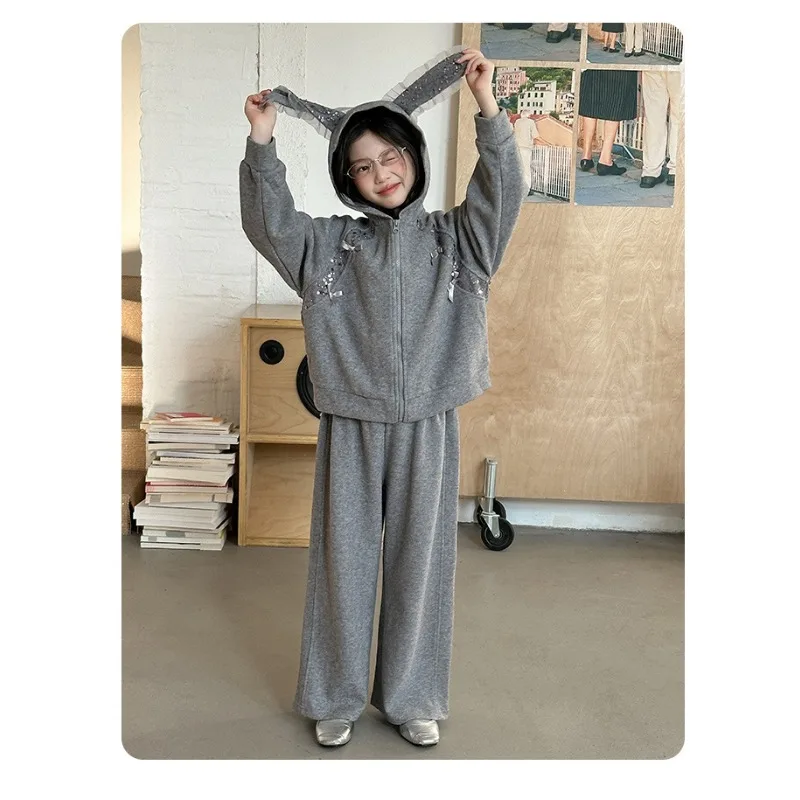 طقم هوديي كاجوال جديد لخريف وشتاء 2025 للفتيات مع مخمل مضاف وسمك سميك، سروال مريح واسع الساق #6