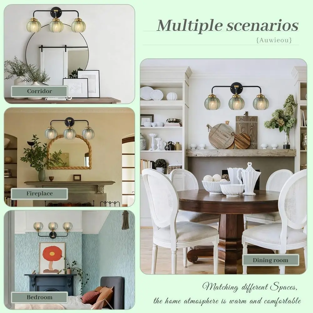 3-Light Vintage Green Glass Sconce - مصباح جداري للحمام وغرفة النوم والممر #5