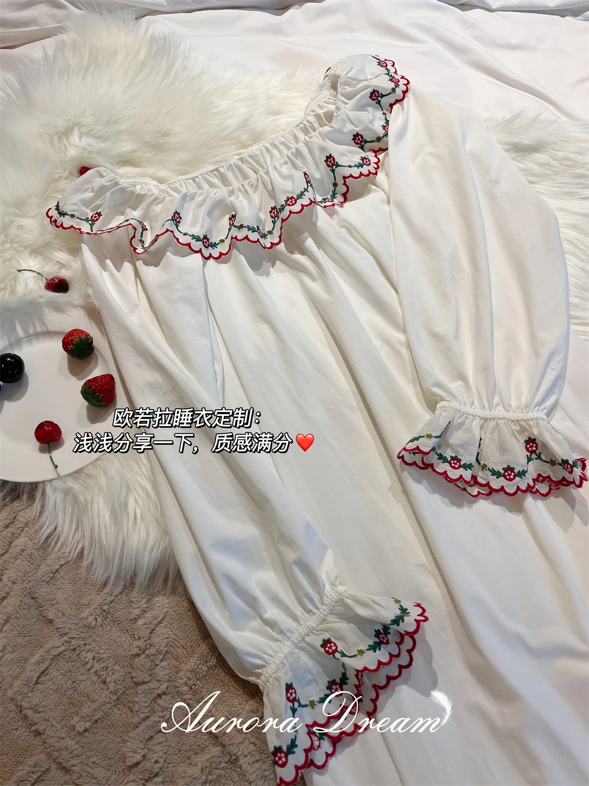 Pure Cotton Strawberry Print Lace Sweet Retro Long Nightdress Casual Loose Comfortable Homewear
