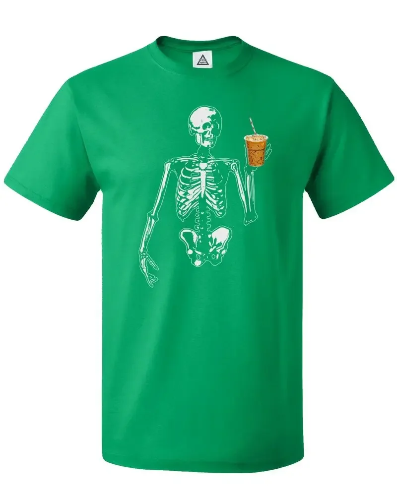 Unisex Halloween esqueleto T-Shirt, Ice Coffee Tee, Feliz