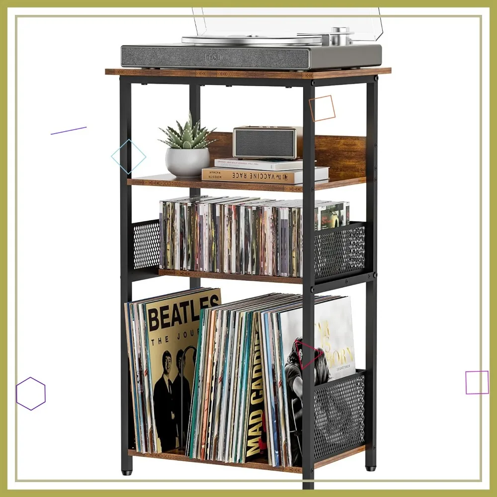 

4-Tier Vinyl Record Storage Stand with Display Shelf, Holds Up to 100 Albums & 40 CDs for Living Room