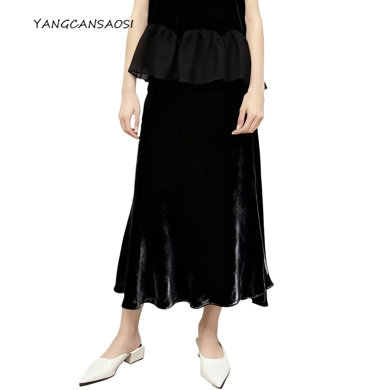 

Женская модная осенняя одежда, 30% натуральный шелковый бархат, косой крой, односторонняя вилка, элегантная однотонная юбка «рыбий хвост» в стиле ретро