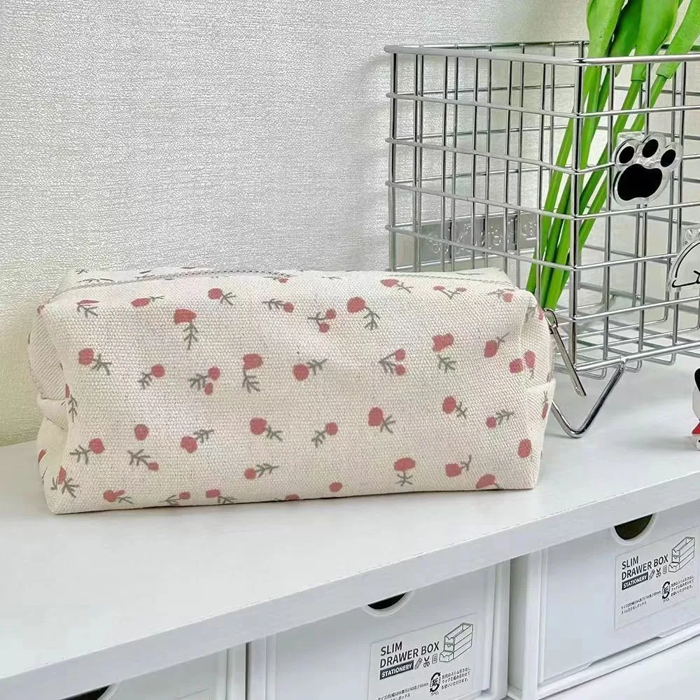 Simple Student Floral Canvas Stationery Bag Multi-Functional Large-Capacity Pencil Bag Stationery Storage Bag Cosmetic Bag