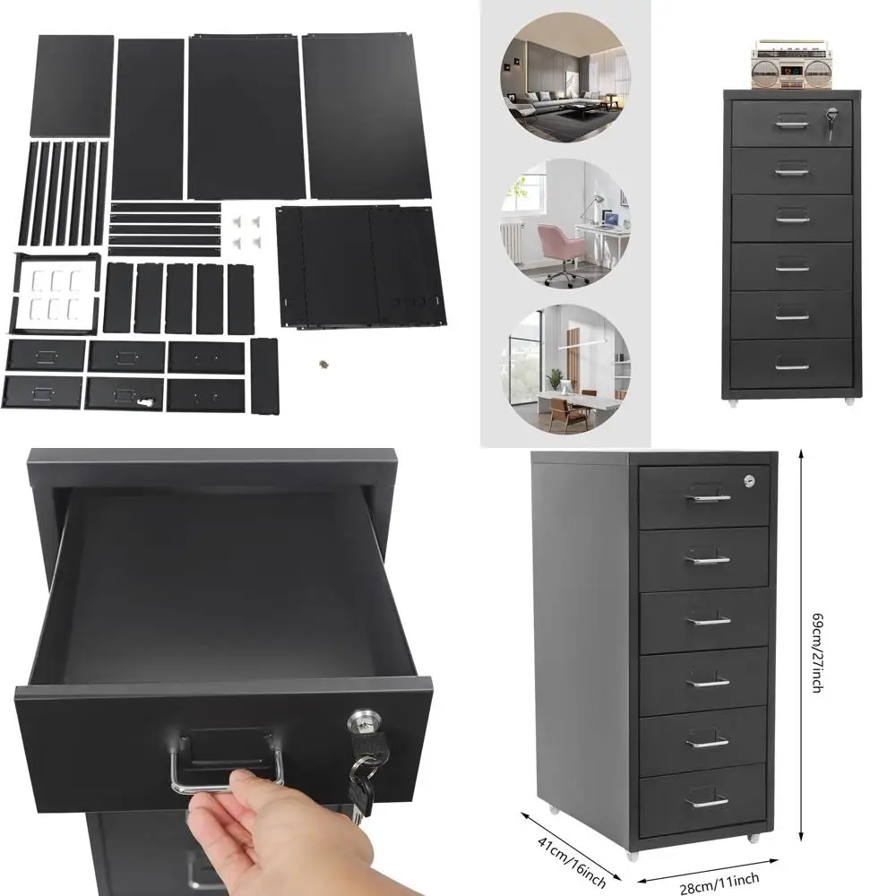 

Черный вертикальный шкаф для документов с 6 выдвижными ящиками, размеры 11D x 16W x 27H, с замком и колесиками, для домашнего офиса