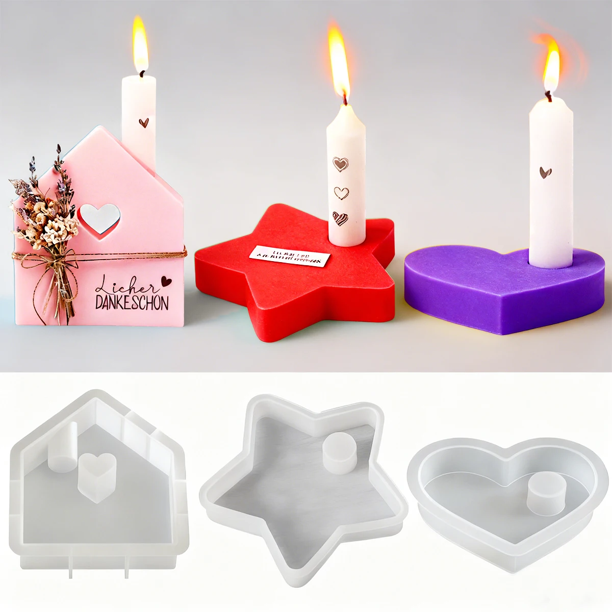 Beton Kerzenhalter Silikonform DIY handgemachte Herz Stern Haus Kerzenständer Kerze Basisform Home Decor Valentinstag Geschenke