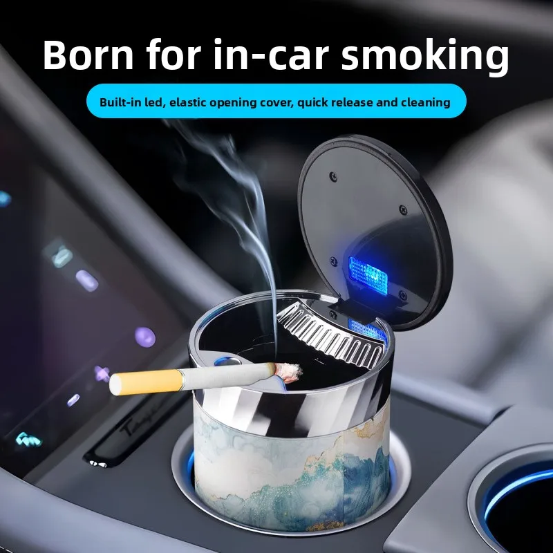 

Car Ashtray - Multifunctional with Lid, LED Lighting, Stylish Portable Landscape Design