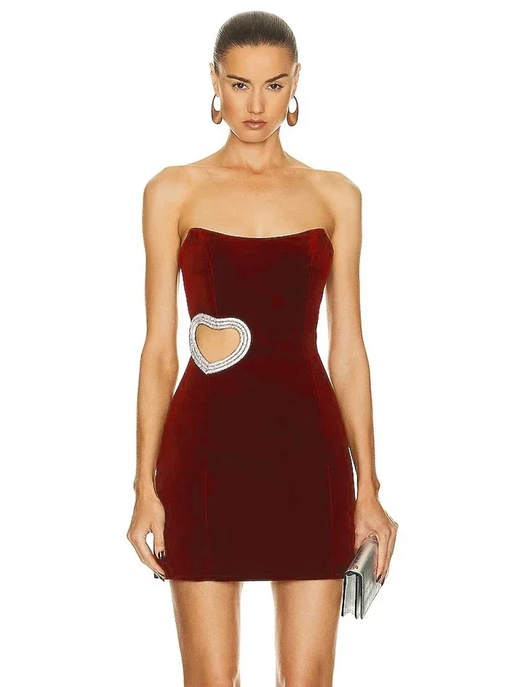 Sexy senza spalline Cut Out Diamond Heart Bandage Dress Wine Red Backless Crystal Mini Bodycon Dress Evening Celebrity Party