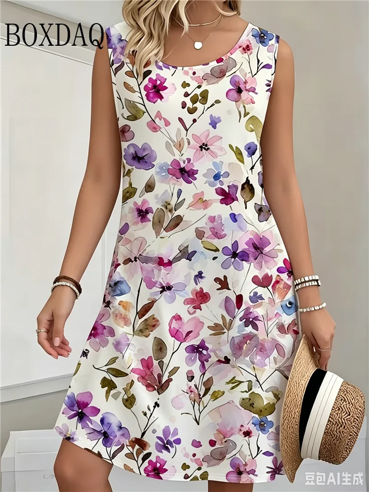 Women's Summer Sleeveless Dress New Summer Beach Holidays Tropical Print Pattern Dress Loose Casual Women's Plus Size Clothing