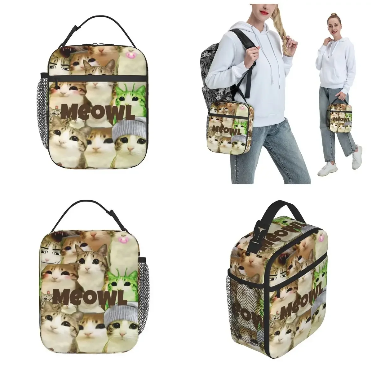 Meowl Cat Owl Funny Insulated Lunch Bag for Men Women Storage Food Box Portable Cooler Thermal Bento Box For Picnic
