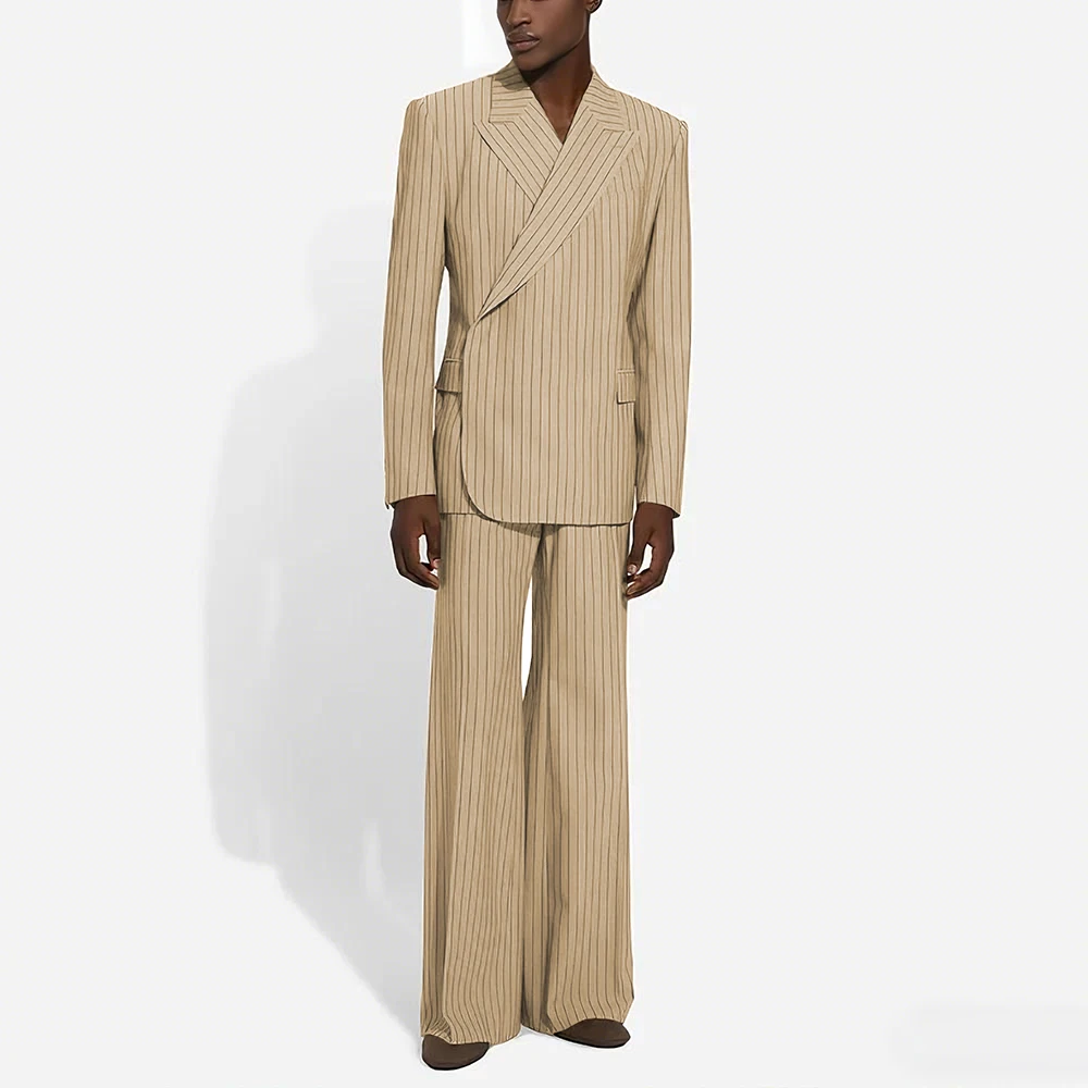 Casual Men Suits Fashion Striped Single Button Incline Man Set Two Piece Loose Fit Peak Lapel High Street Daily Office Suit Male