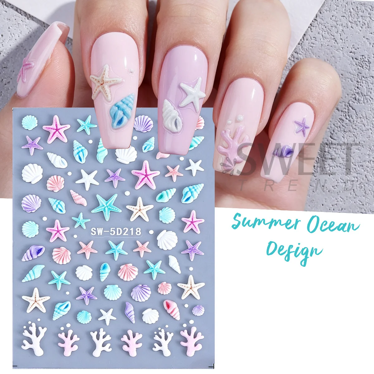 2pcs 5D Coral Color Ocean Embossed Nail Stickers Starfish Seashells Bubble Leaf Engraved Sliders Summer Adorable Manicure Decals