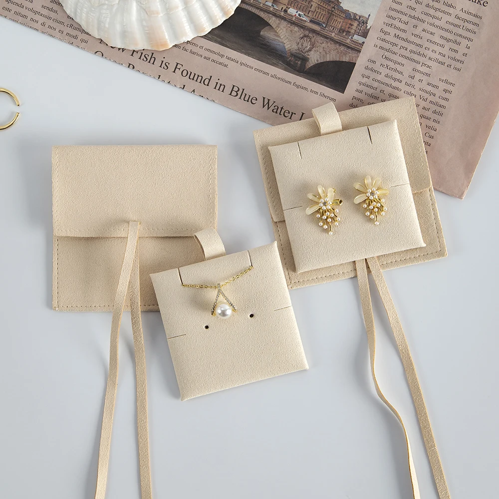 Small Envelope Flap Cream Microfiber Necklace Earring Jewelry Packaging Pouch Bag Wedding Favors Jewelry Organizer Bag with Card