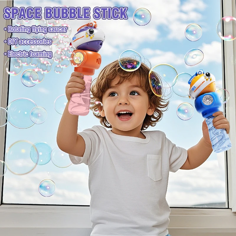 Palillos de burbujas eléctricos para niños, platillo volador giratorio con luces, juego de burbujas de jabón para fiestas al aire libre, máquina automática de burbujas para niños